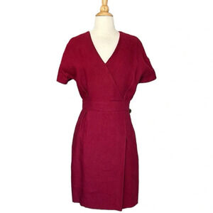 LONGCHAMP Hemp Burgundy Red Faux Wrap Dress Lamb Leather Pockets Career Size 6